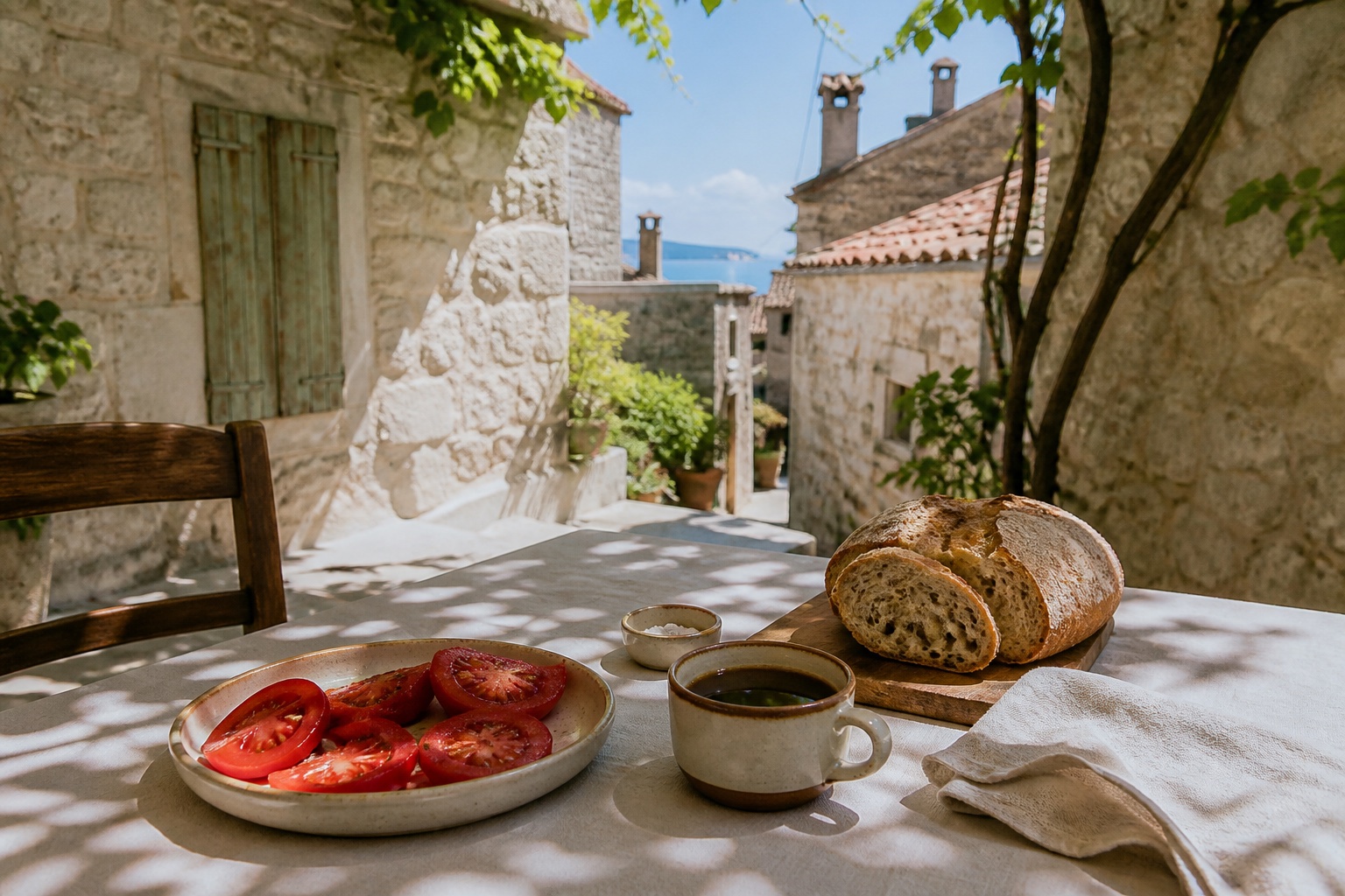 Tomatoes, bread, coffee and sea salt on a shaded breakfast table in a Piran courtyard