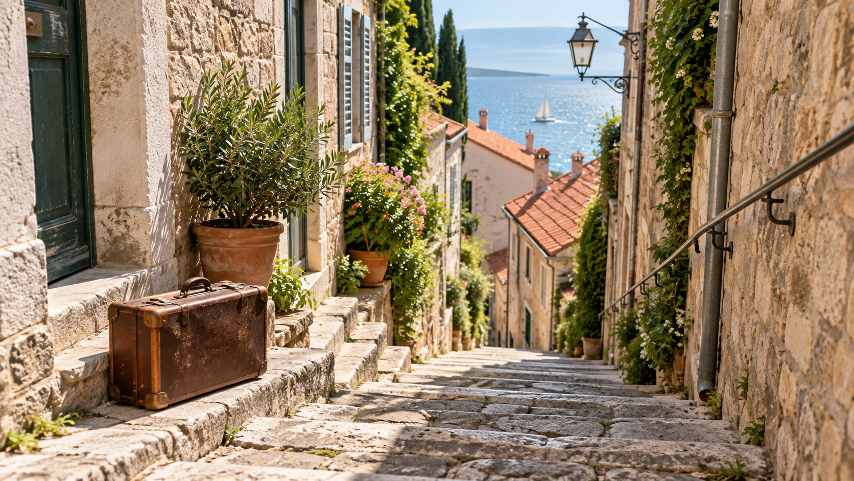 A steep Piran staircase with a suitcase