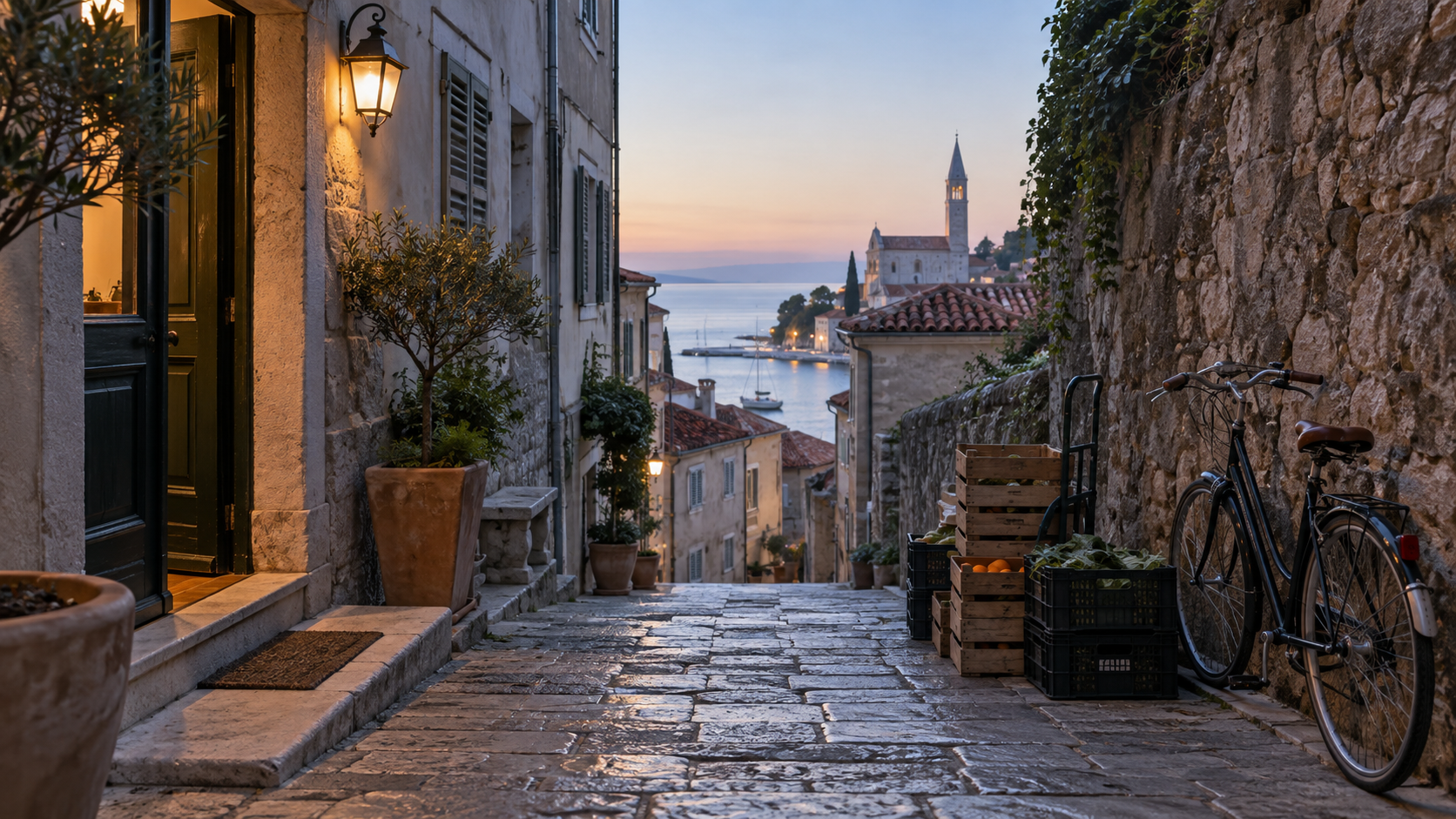 An early-morning Piran lane