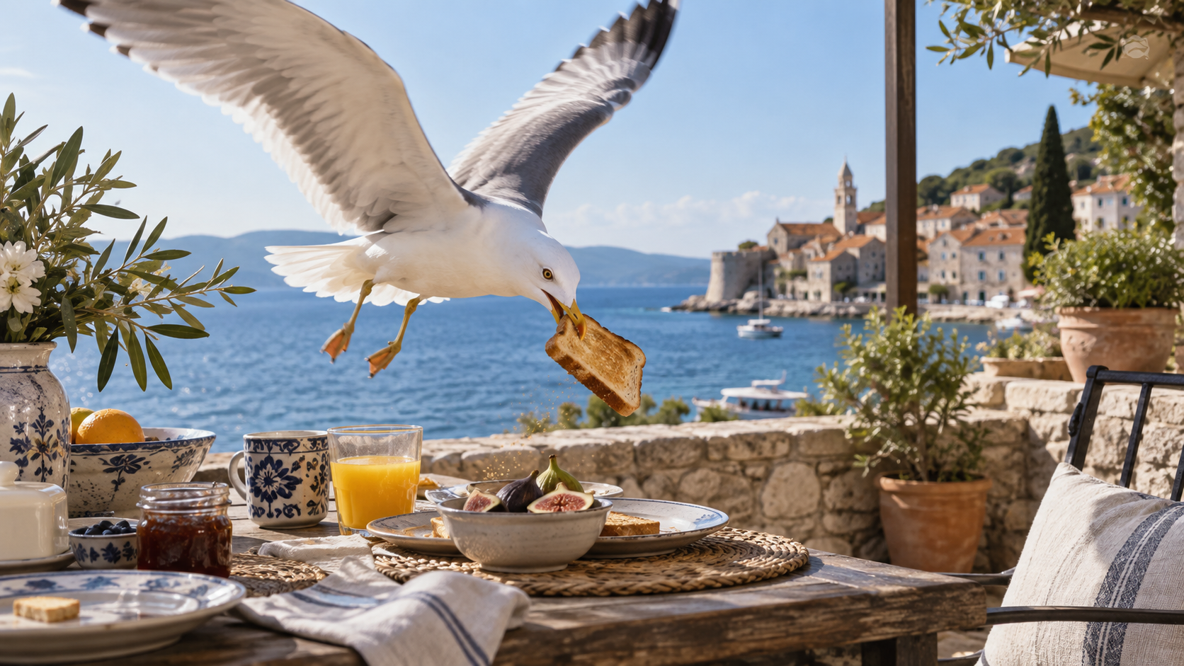 A seagull stealing toast at breakfast